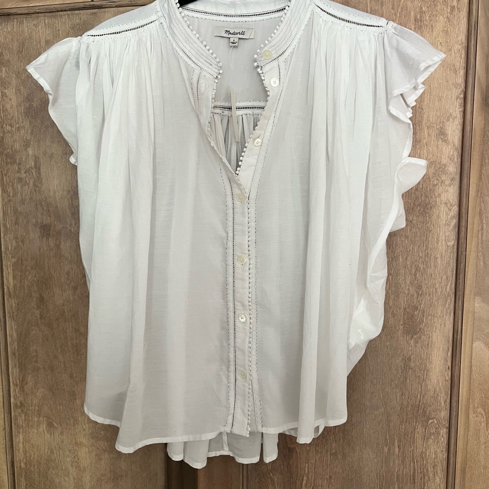 Madewell Cream Flutter Sleeve Mandarin Collar Blouse